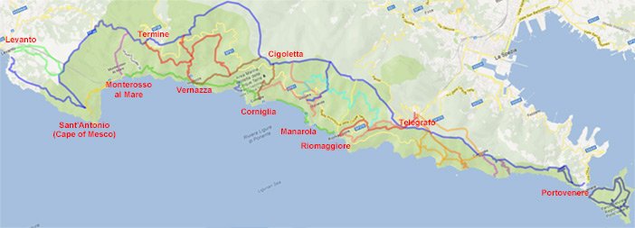 Map of all hiking trails of the Cinque Terre, preview